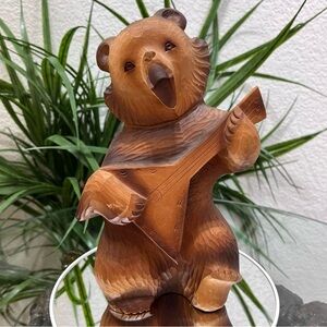 Vintage Hand Carved Wooden Russian Musician Bear With Lute